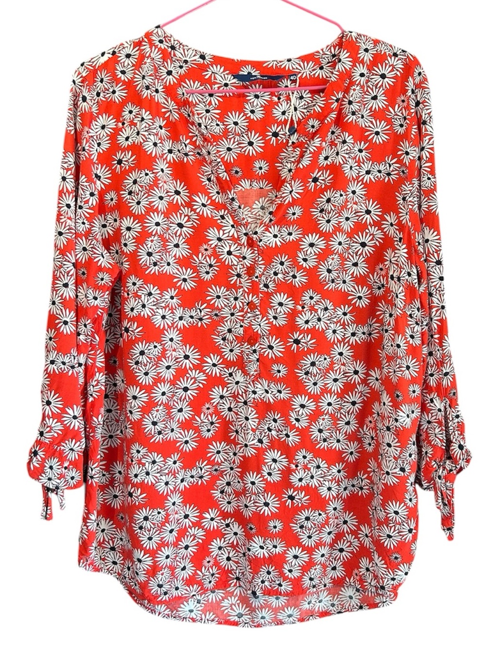 Red Daisy-Print V-Neck Blouse with Tie Sleeves by Tom Tailor